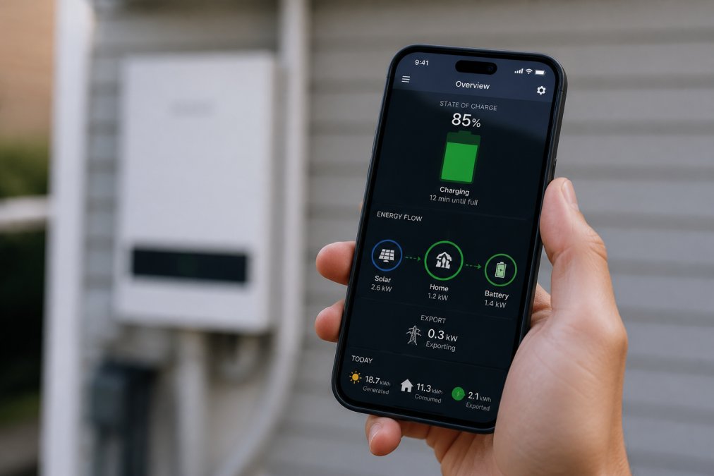 Close-up of a smartphone screen displaying solar battery monitoring app with state of charge percentage, energy flow indicators, and export rates visible