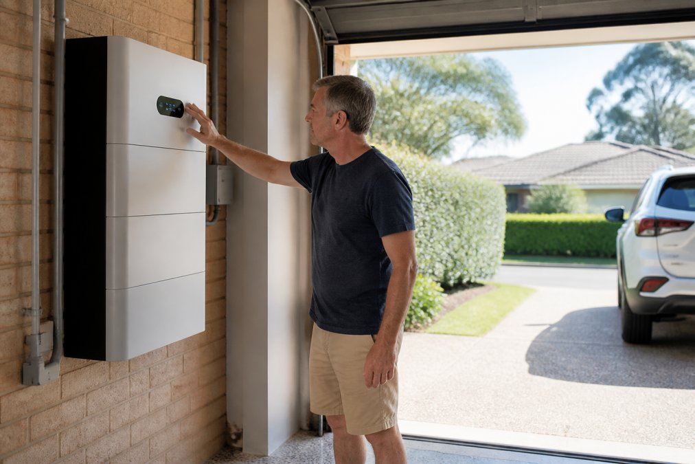 A homeowner in a suburban garage checking a wall-mounted solar battery unit with a digital display, natural daylight through the open garage door