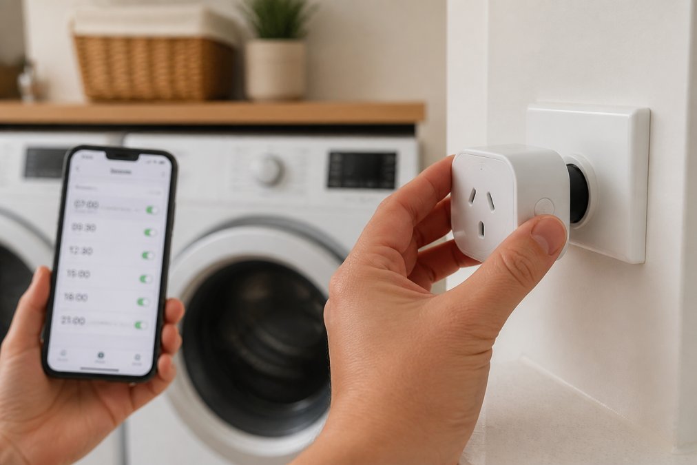 Diagram showing how smart plugs and appliance scheduling optimize solar self-consumption in a home laundry.