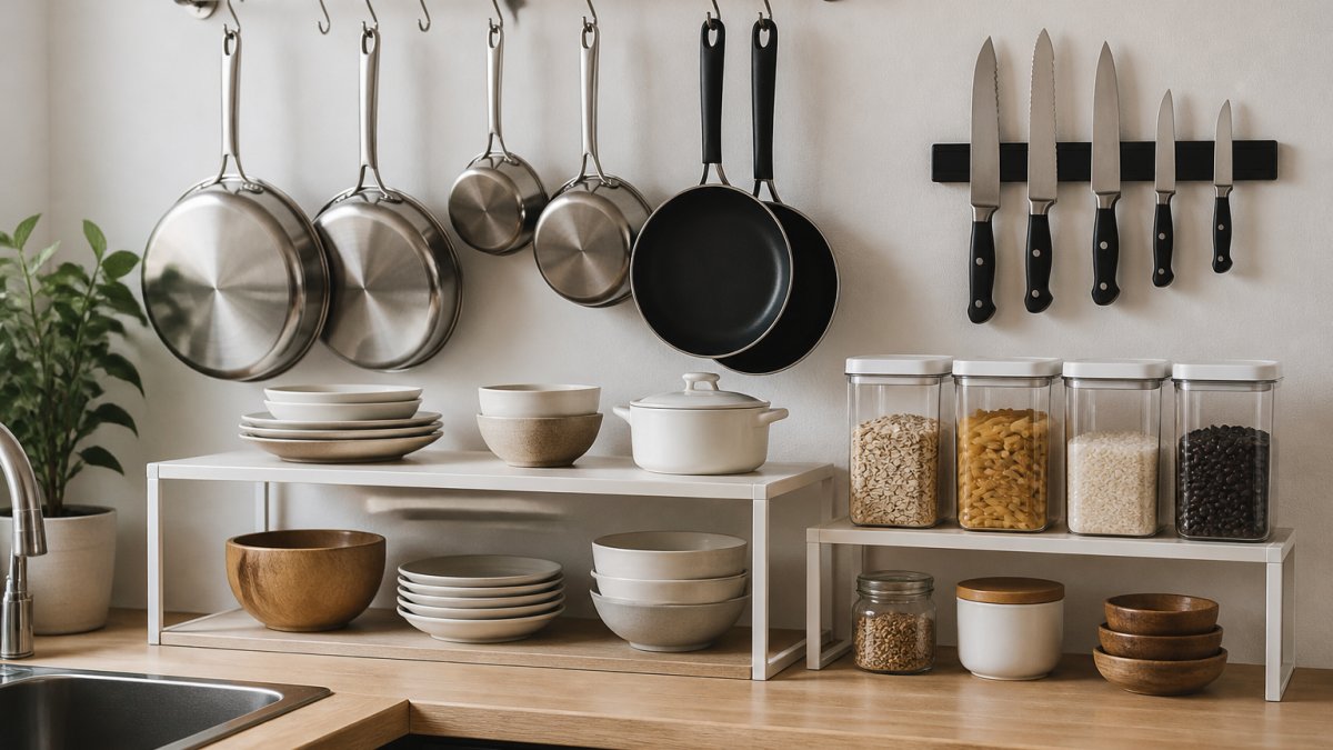 Small apartment kitchen with a wall-mounted rail holding pots and pans, magnetic knife strip, cabinet risers creating a second shelf tier, and labeled clear dry-goods containers on a shelf