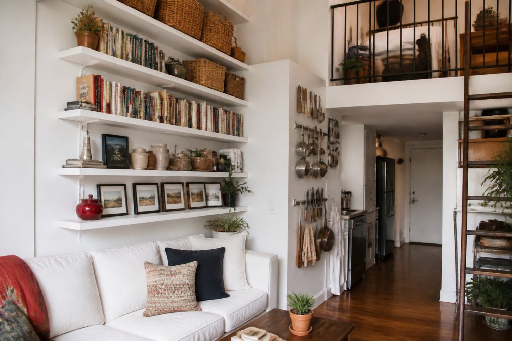 Compact studio apartment interior with floor-to-ceiling floating white shelves displaying neatly arranged books, woven baskets, and decorative items, wall-mounted organizers holding kitchen tools, and vertical storage solutions maximizing the space above furniture