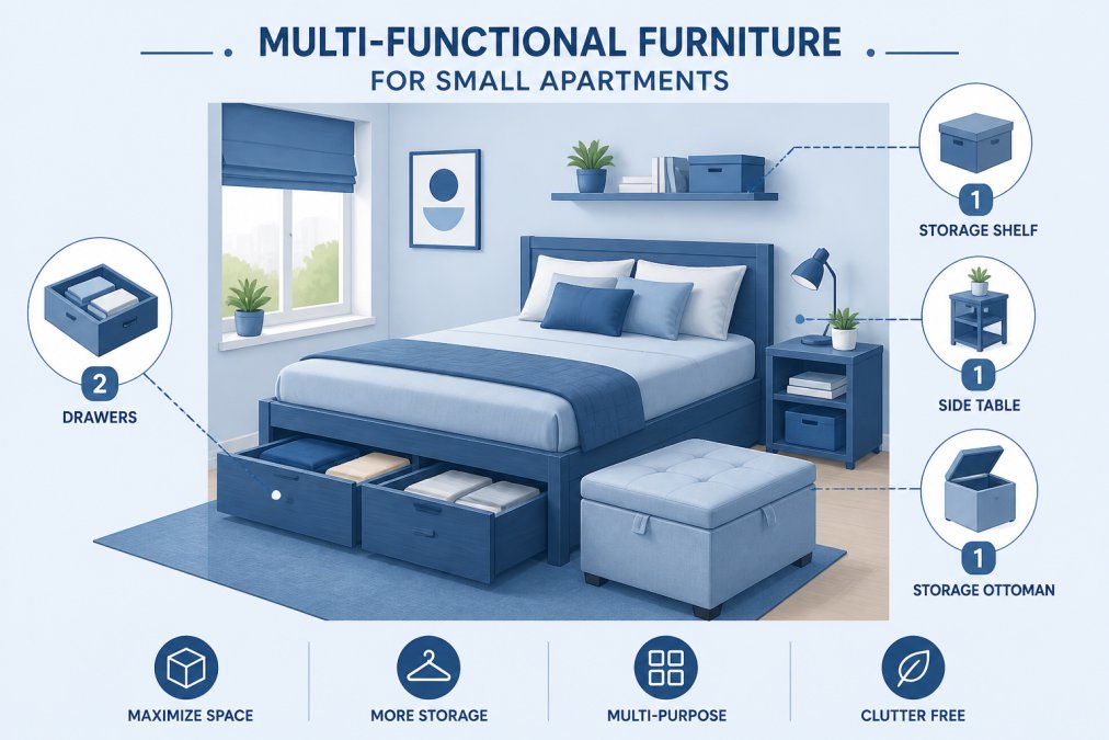 Small bedroom with a wooden bed frame featuring deep under-bed storage drawers pulled partially open, a storage ottoman at the foot of the bed in neutral fabric, compact side table with shelves, and efficiently arranged furniture pieces in warm natural lighting