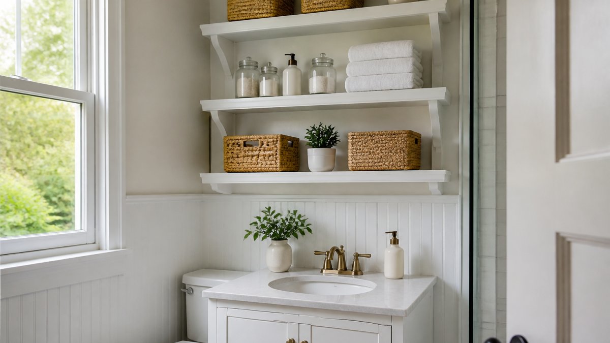 Wall-mounted shelves and storage baskets maximizing space in small bathrooms with natural light.