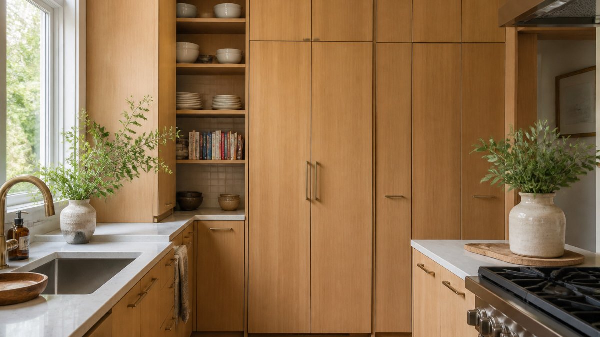Tall floor-to-ceiling cabinets and open shelving help maximize storage in a small kitchen filled with natural light.