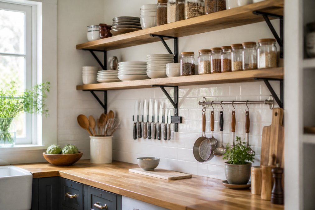 Open wall shelves, magnetic knife strips, and hanging hooks maximizing storage in bright small kitchens.