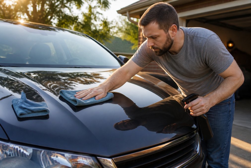 Person detailing vehicle exterior with microfiber cloth and cleaning supplies, sunlight reflecting off polished hood, driveway setting