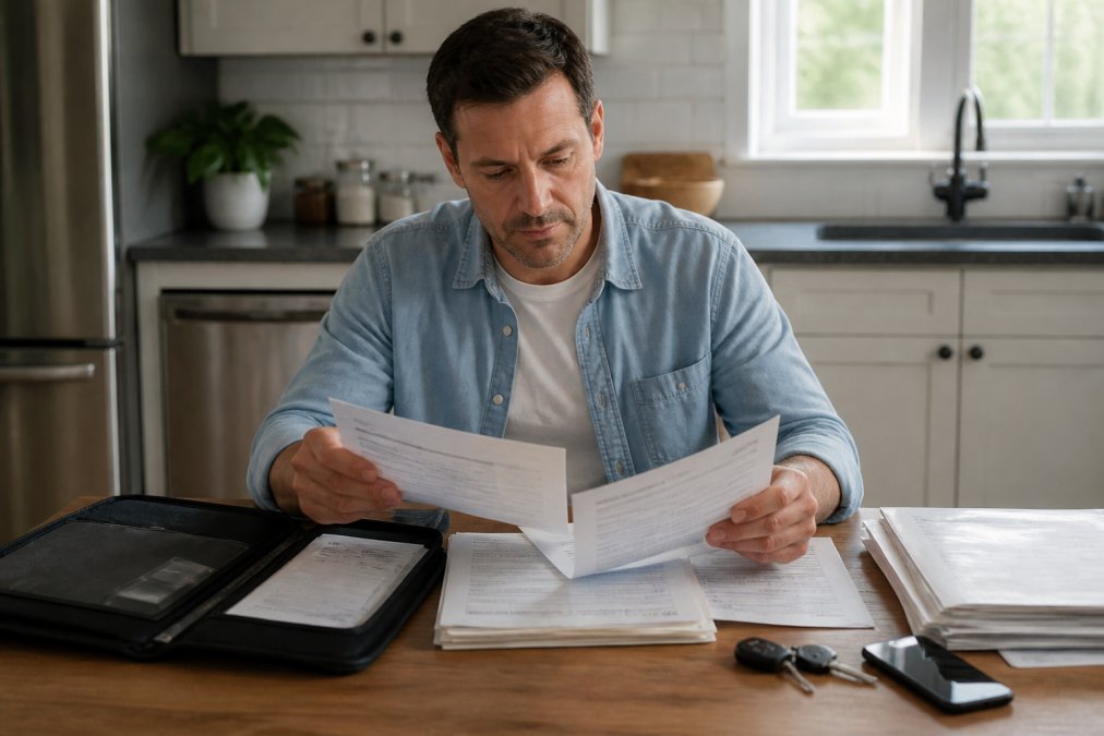 Person organizing vehicle documents, service records, and title papers on desk with folder, organized workspace with natural lighting