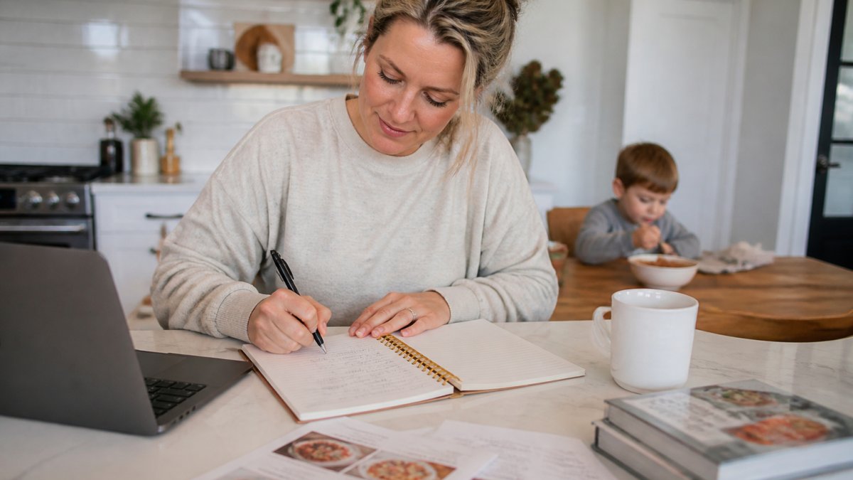 A mother at a kitchen counter with an open notebook, a pen, and a laptop nearby, writing out a weekly meal plan while a child eats breakfast in the background