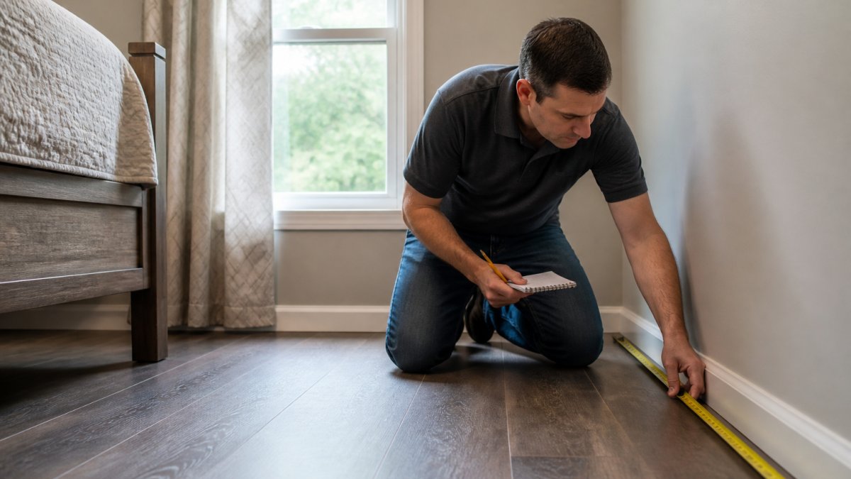 Person kneeling on a bedroom floor using a tape measure to measure bedroom length and width with a notepad.