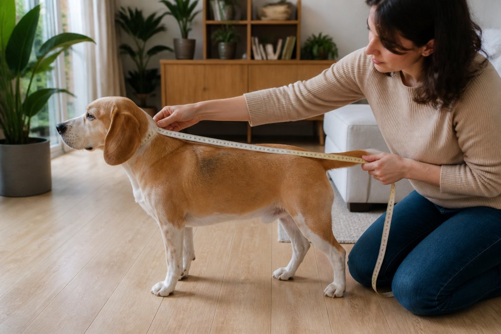 A person using a fabric tape measure to measure a medium-sized dog from nose to tail while the dog stands calmly on a light wood floor in a bright living room