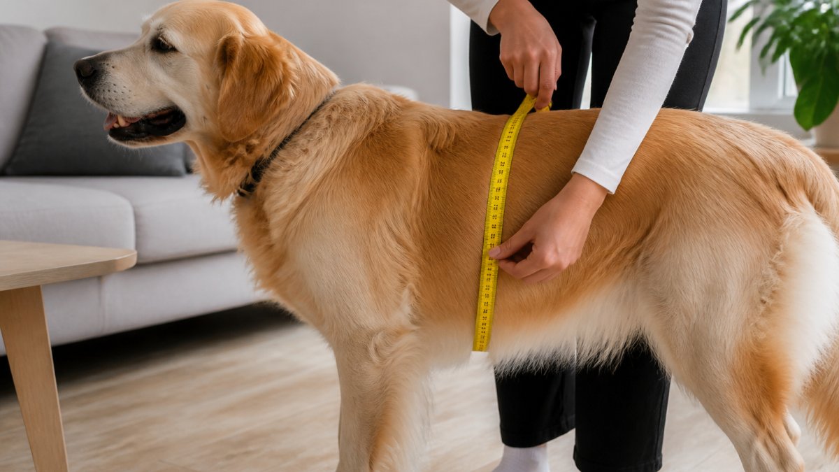 Hands using a yellow measuring tape to check a golden retriever's ribcage girth on a light wood floor