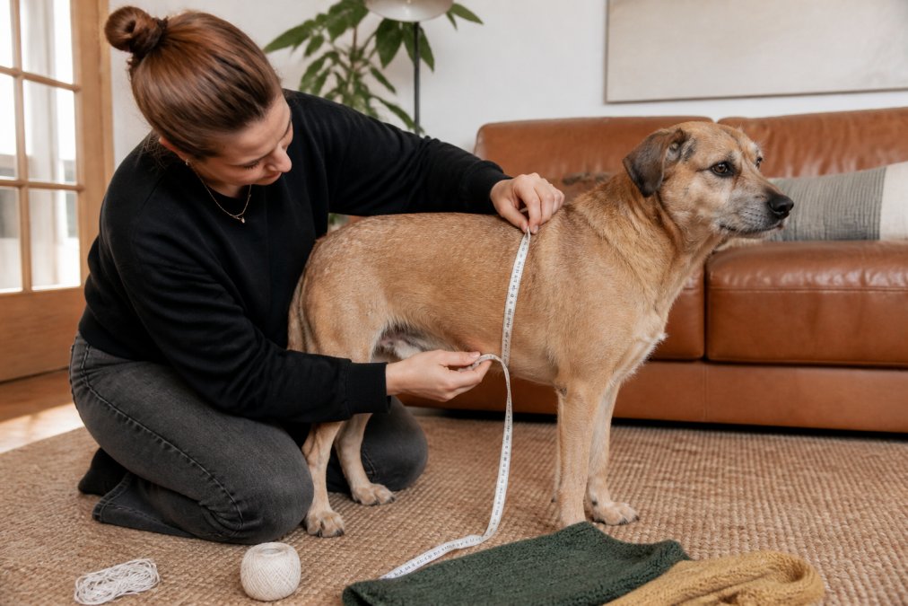 A person using a soft tape to measure dog chest girth for a sweater