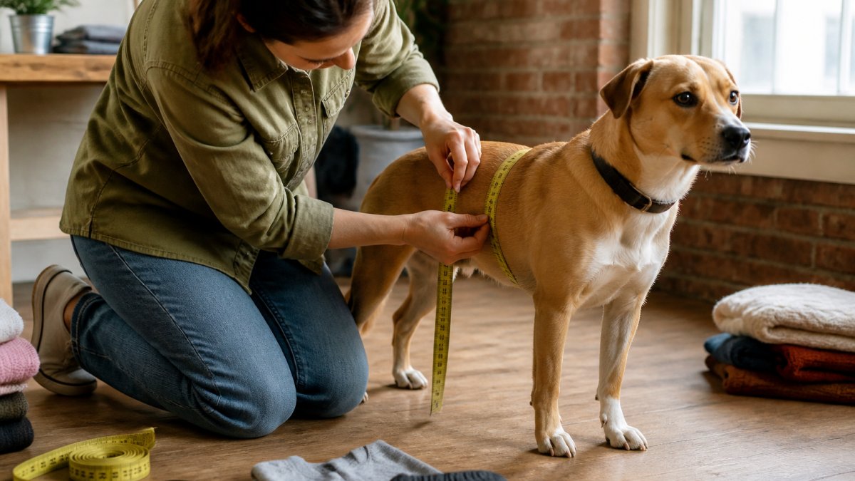 Person wrapping a yellow tape measure around a dog's chest to determine the correct size for clothing.