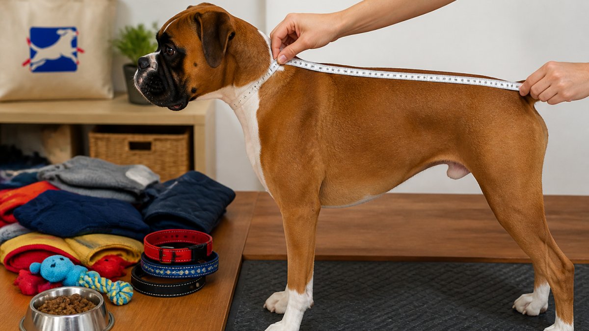 A person using a flexible tape measure along a dog's spine from the base of the neck to the base of the tail while the dog stands calmly on a non-slip surface