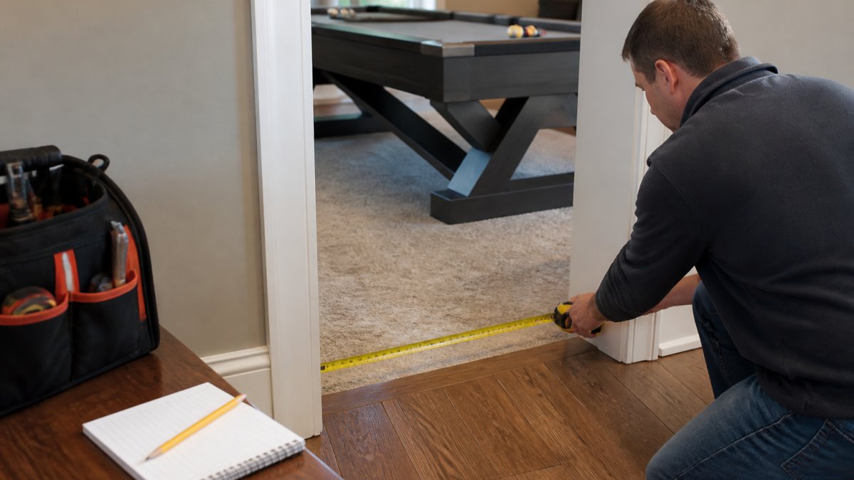 Person using a tape measure to check the width of a residential doorway for furniture access