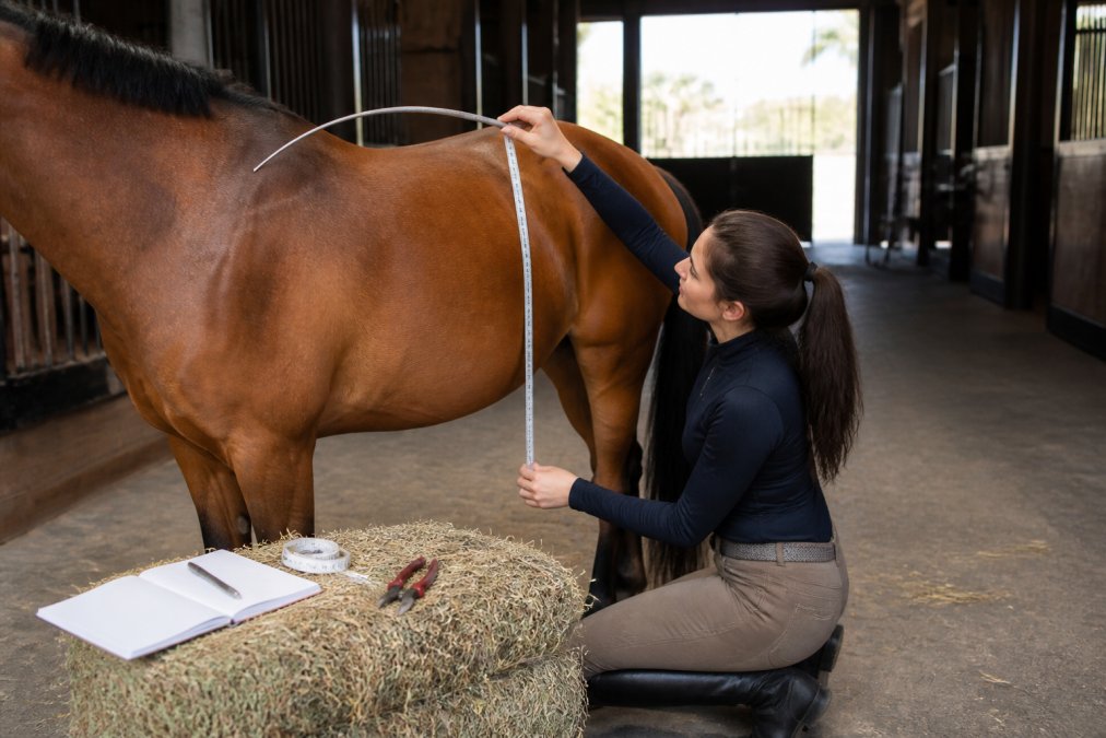 A rider kneeling beside a horse in a stable aisle, holding a flexible measuring tape and a piece of wire molded over the horse's withers, with a notebook and pen resting on a bale of hay nearby