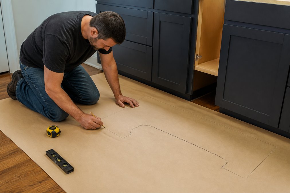 A person kneeling beside kitchen base cabinets, drawing a countertop outline on brown kraft paper with a pencil, tape measure and small level resting on the floor nearby