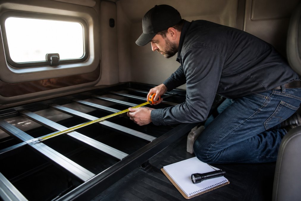Truck driver using a tape measure to check the dimensions of an empty sleeper cab bunk