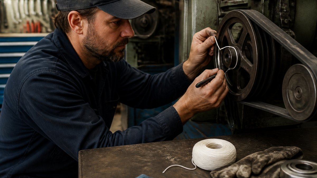 Professional technician wrapping a flexible string around a V-belt pulley, marking the string with a pen, with clear workshop lighting