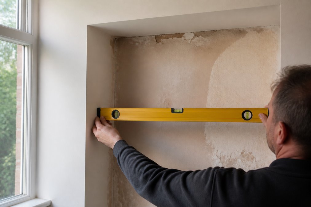 Hands holding a spirit level against an alcove wall, with visible uneven plaster and surfaces in soft natural light from a nearby window