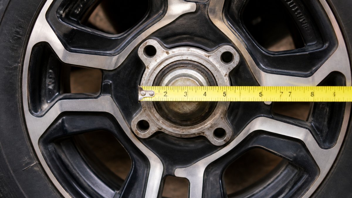 Close-up of a measuring tape positioned across the center of a four-lug ATV wheel hub, showing the measurement point between opposite lug holes with clear markings