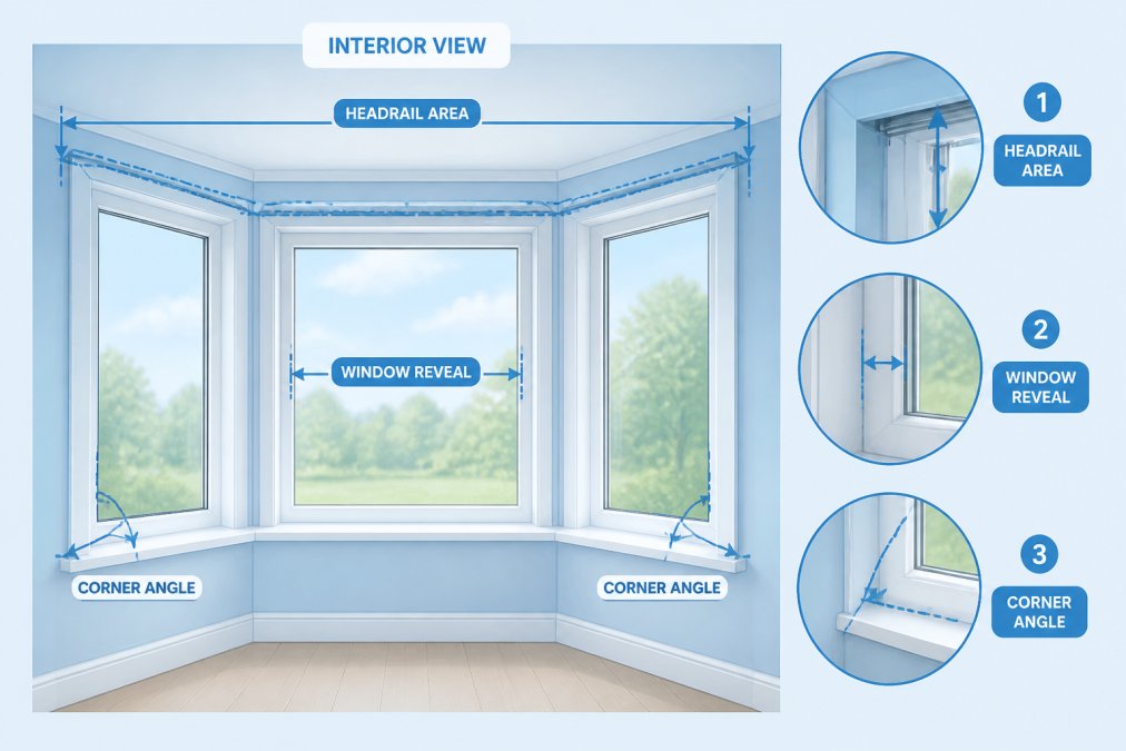 Interior view of a bay window showing the corner angles, window reveal, and headrail area with natural daylight highlighting the distinct window geometry and frame structure