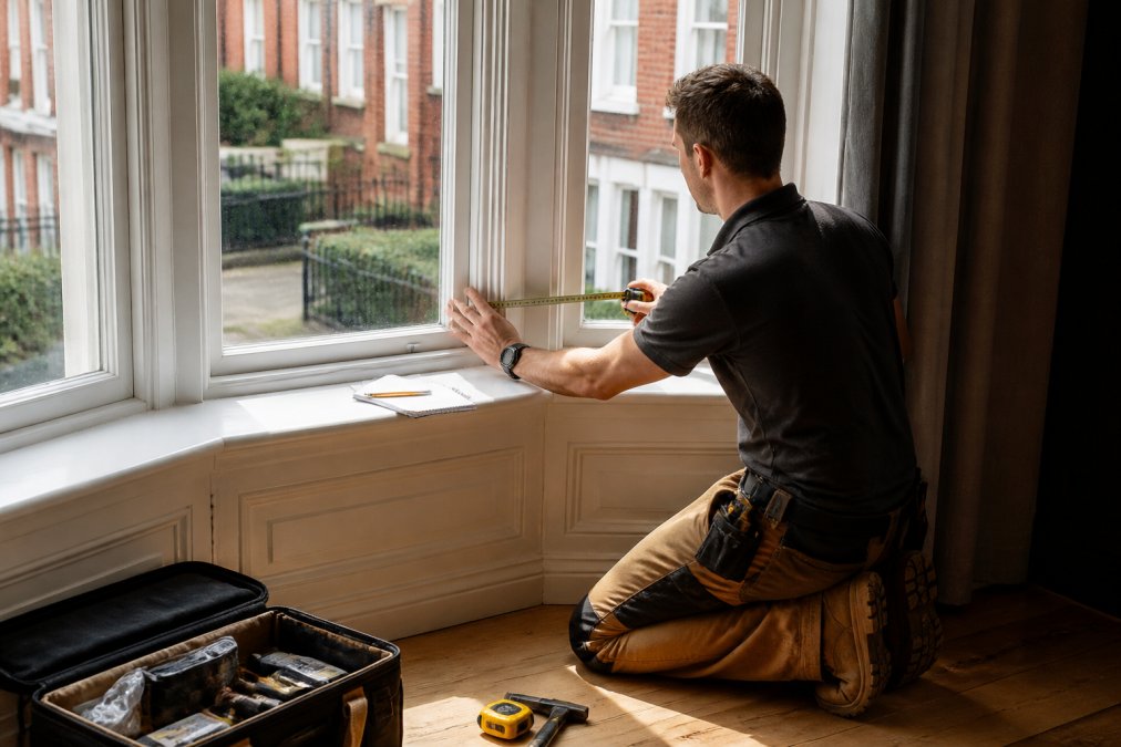 A person kneeling beside a traditional bay window in a period London home, holding a metal tape measure against the window frame, with a notepad and pencil resting on the sill nearby