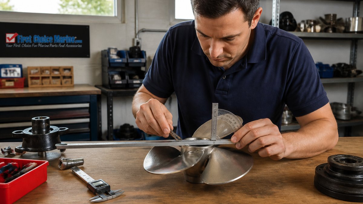 Technician using a straightedge and protractor to measure the pitch of a boat propeller on a workbench