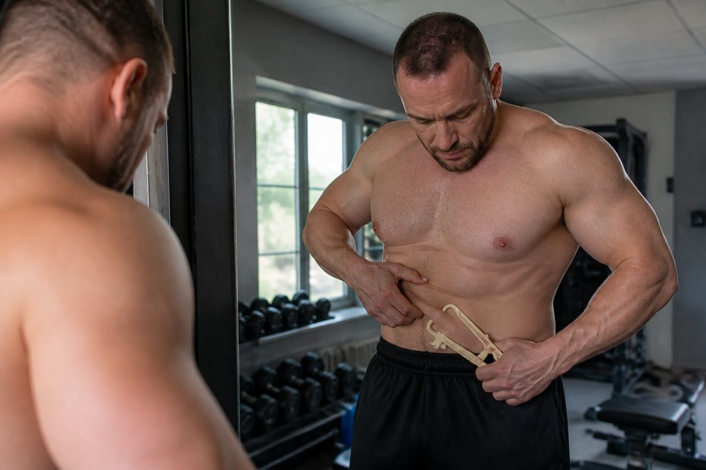 A person standing in a home gym, pinching skinfold calipers on their abdomen while looking at a mirror, with dumbbells and a bench in the background under bright overhead lighting