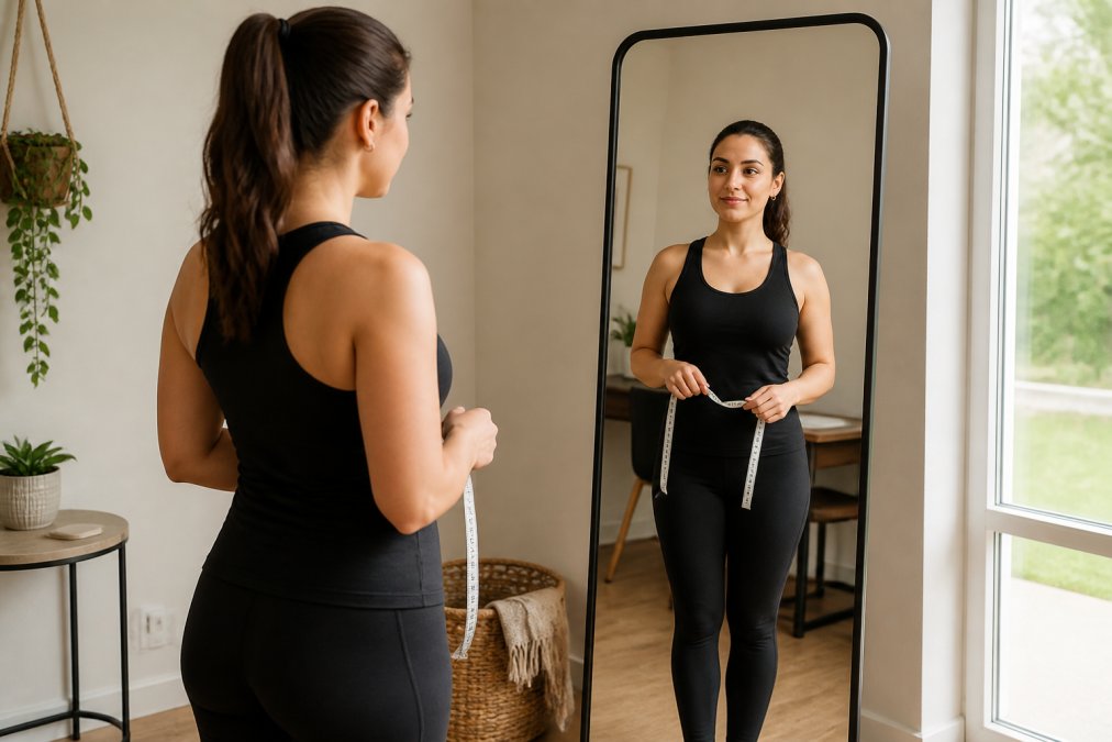 Woman standing in front of a full-length mirror holding a soft tape measure, wearing fitted clothing, ready to take body measurements