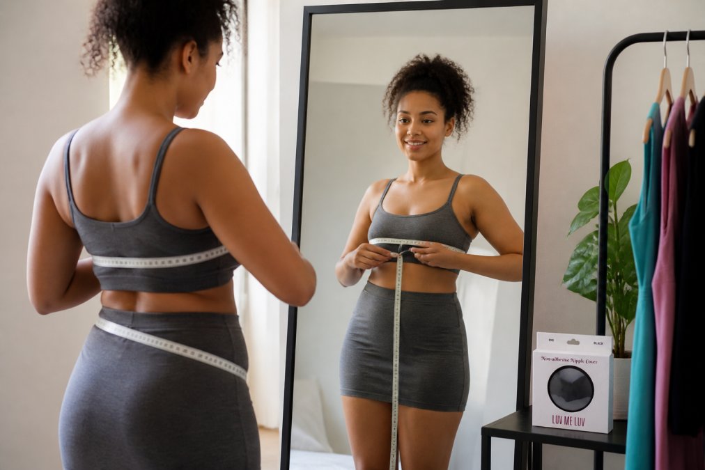 Woman standing in front of a full-length mirror with a flexible tape measure, demonstrating proper upright posture while measuring her body, wearing form-fitting clothing with natural window lighting