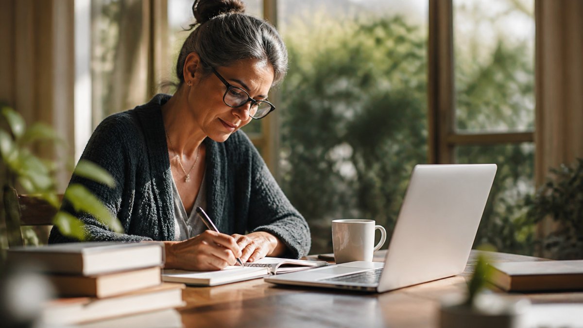 Independent author analyzing spreadsheet data to track book marketing ROI at a sunlit home office desk
