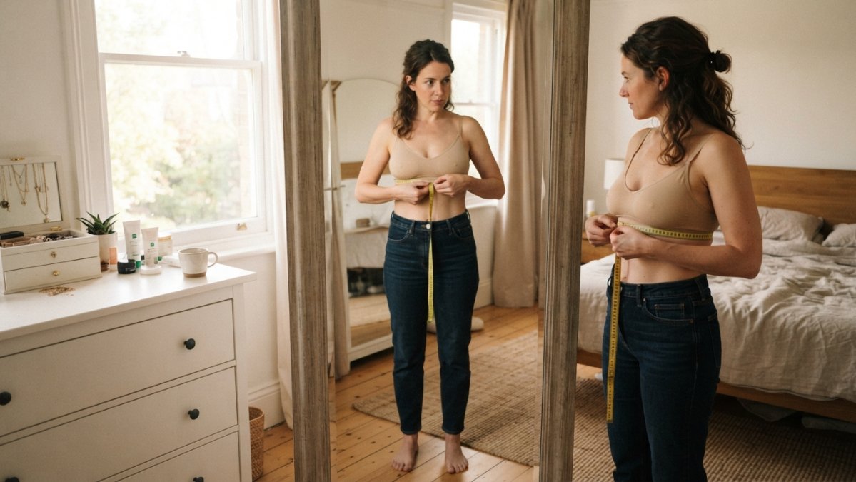 Woman standing upright in front of a mirror wearing an unlined bra, holding a soft measuring tape, with natural morning light coming through a window