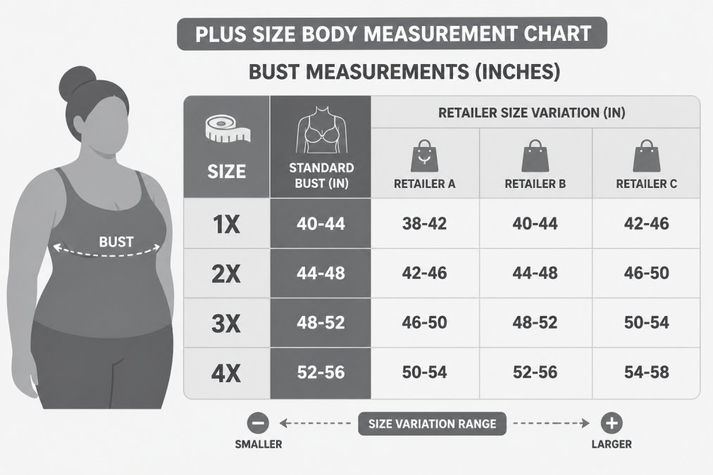 Visual comparison chart showing how to measure bust for plus size clothing