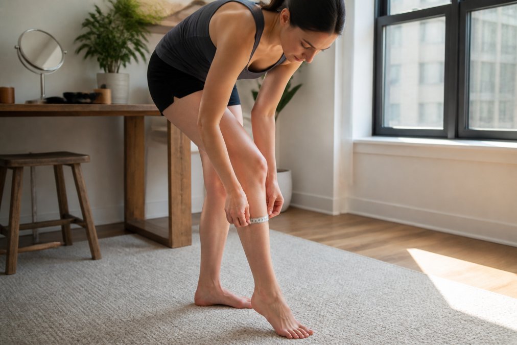 A woman standing with feet shoulder-width apart, wrapping a flexible tape measure around the widest part of her calf, tape held parallel to the floor, natural window lighting