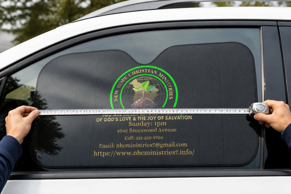 Close-up of hands holding a steel measuring tape positioned horizontally against a car window, showing measurement at the widest point with clear tape alignment and visible window frame
