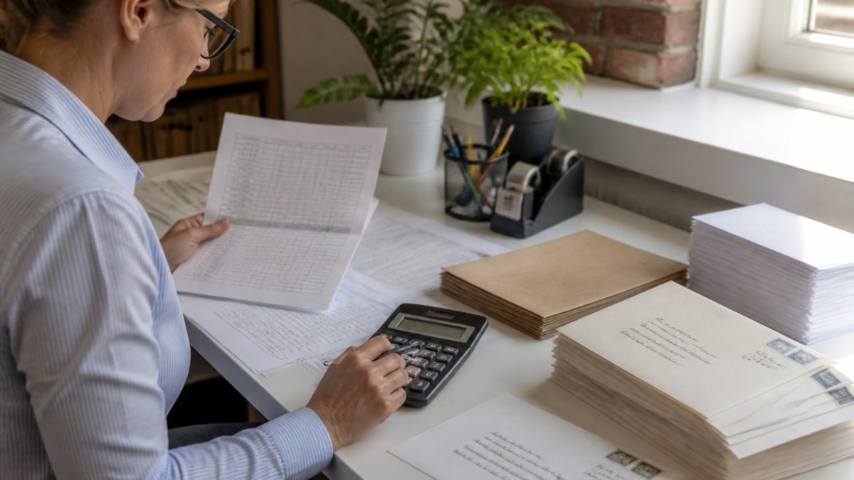 A marketer at a desk reviewing campaign cost spreadsheets and a calculator, with printed letters and envelopes visible nearby in a bright office