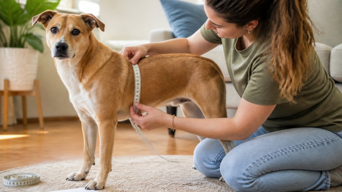 A person kneeling beside a calm medium-sized dog, wrapping a soft measuring tape around the dog's chest just behind the front legs, with the tape flat and snug against the fur, in a bright home setting