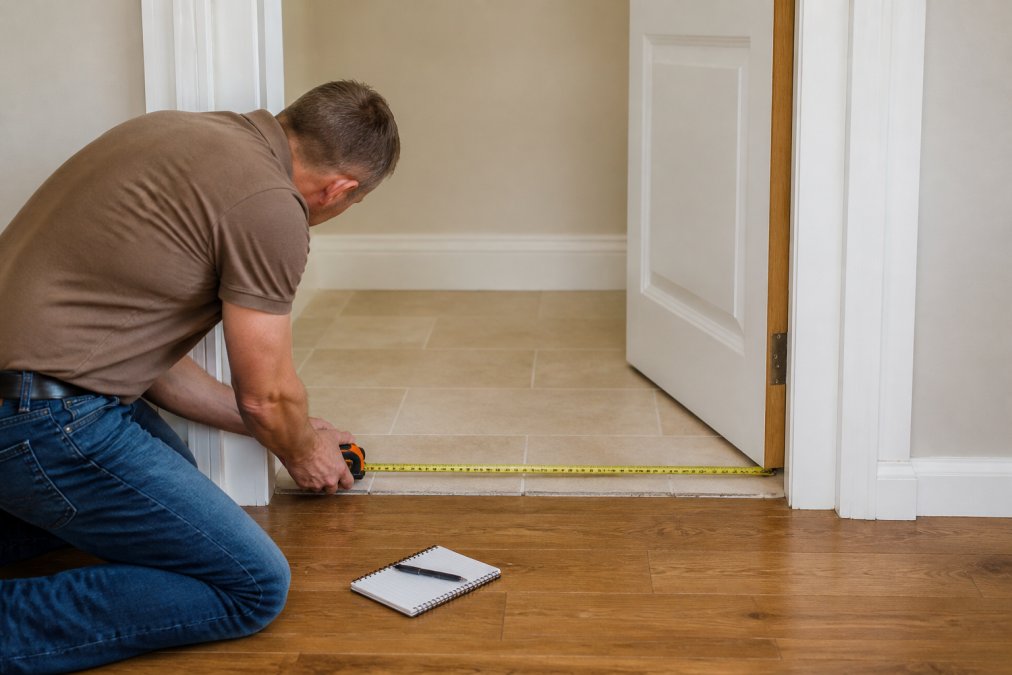 A person kneeling beside an open internal door, holding a retractable tape measure taut across the door frame at floor level, with a small notebook and pen resting on the floor nearby