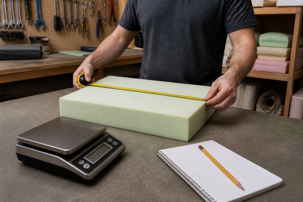 A person in a home workshop measuring a foam cushion with a tape measure and digital scale on a workbench, with a notepad and pencil nearby for recording dimensions