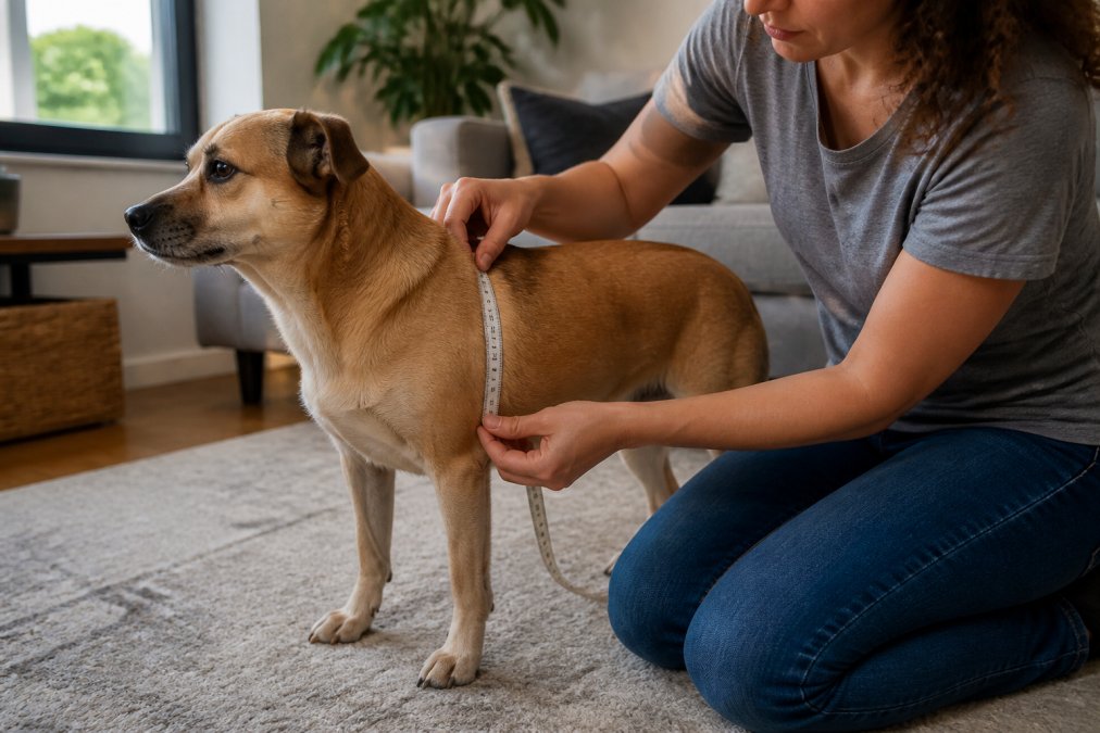 Person using a measuring tape around a dog's chest to learn how to measure for a dog harness correctly.