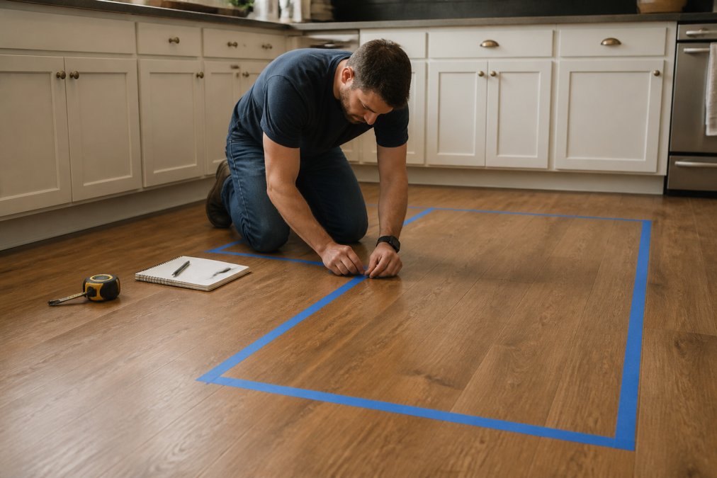 Homeowner using blue tape on the floor to outline a planned kitchen island with a notepad and tape measure nearby.