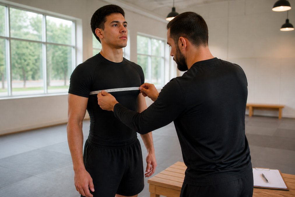 A person standing upright in athletic shorts and a fitted t-shirt while a training partner wraps a soft fabric tape measure around the person's chest at the widest point, with a notepad and pen resting on a nearby wooden bench in a bright dojo with natural light