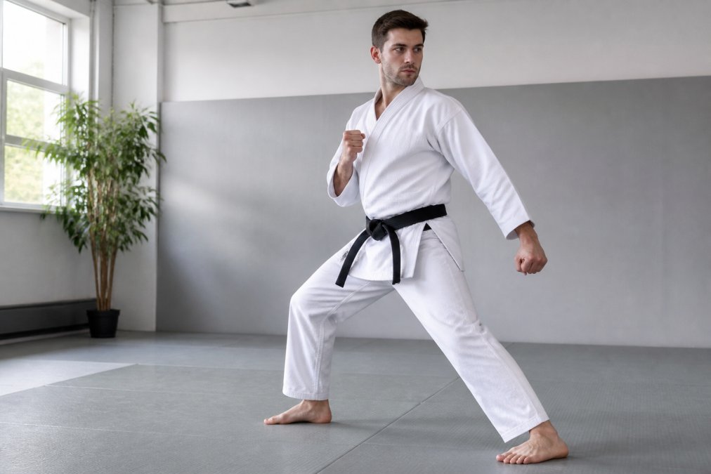 A martial artist in a clean white gi standing in a fighting stance in a bright dojo, with the gi sleeve cuffs ending just above the wrist bone and the pant cuffs reaching the ankle bone, showing a trim, athletic fit with no bunching or excess fabric