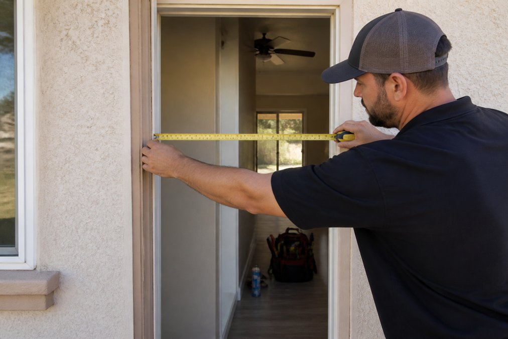 Professional demonstrating how to measure for a screen door by using a metal measuring tape held horizontally across the door frame at three different heights to show the three-point measurement technique in natural daylight