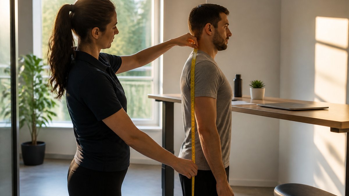 Professional demonstrating how to measure for a standing desk technique in modern clinical setting with natural lighting