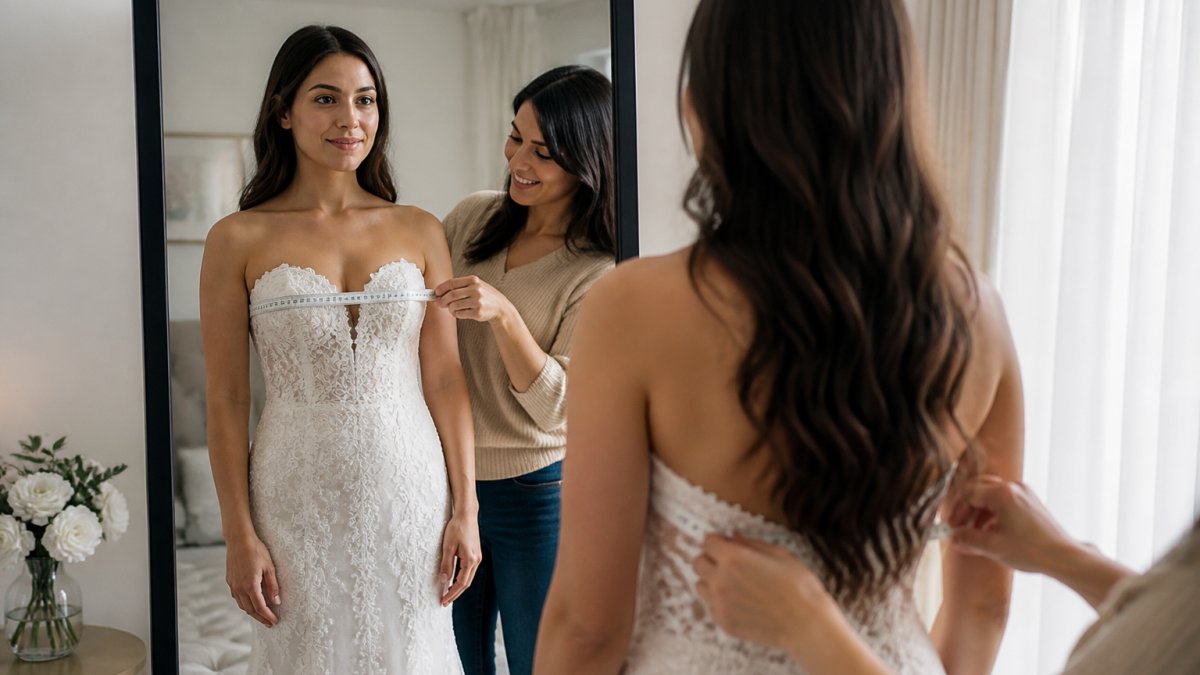 A friend helping a bride measure the fullest part of her bust with a tape in a bright bedroom