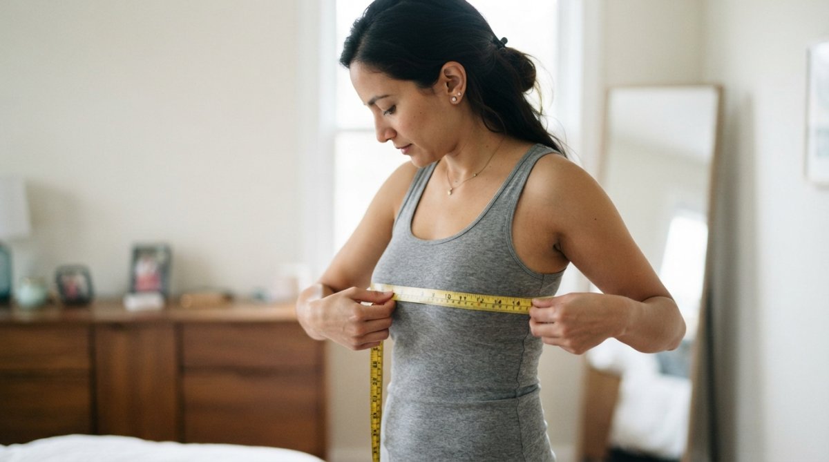 Person wearing a fitted tank top with a measuring tape wrapped horizontally around the fullest part of the bust, tape level across the back, showing proper snug fit without compression