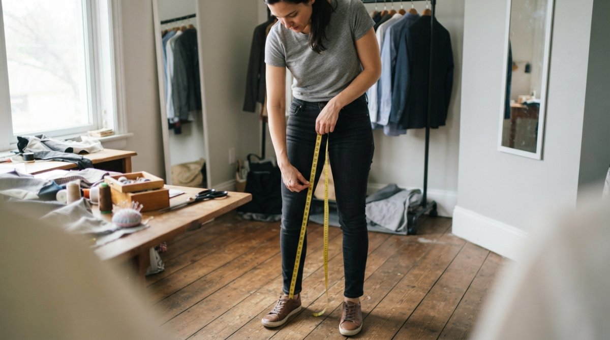 Person standing in flat shoes with measuring tape running from the crotch line down the inside of the leg to the ankle, demonstrating proper posture and tape placement