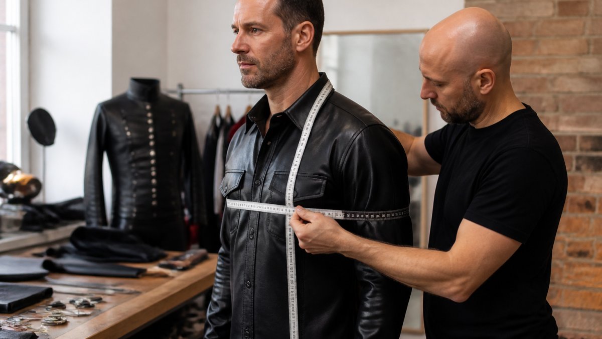 A man in a fitted black leather shirt standing in a well-lit studio, a tailor's measuring tape draped around his neck, while a second person carefully measures his chest from behind